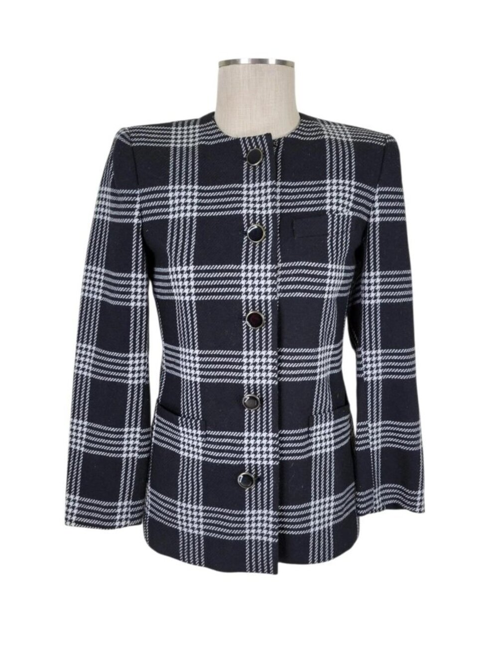 Le Suit Blazer Size 4 Black White Glen Plaid Check 3 Pockets Wool Blend Lined - Picture 2 of 11